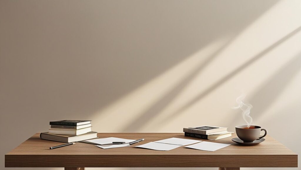 Mesa com livros, papéis, caneta, e uma xícara de chá — atmosfera de estudo informal