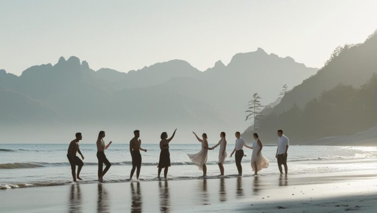 grupo de pessoas na praia com montanhas ao fundo