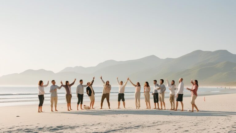 grupo de pessoas reunidas na praia, espontaneamente, se divertindo de forma leve, e com montanhas ao fundo