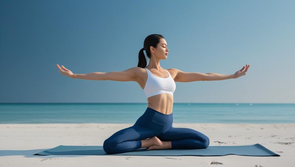 yoga na praia na paleta de cores (#0D1824 #1E3A8A #F8FAFC #475569 e #047857) (1)